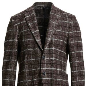 Brown and White Plaid Sport Coat with Notched Lapel
